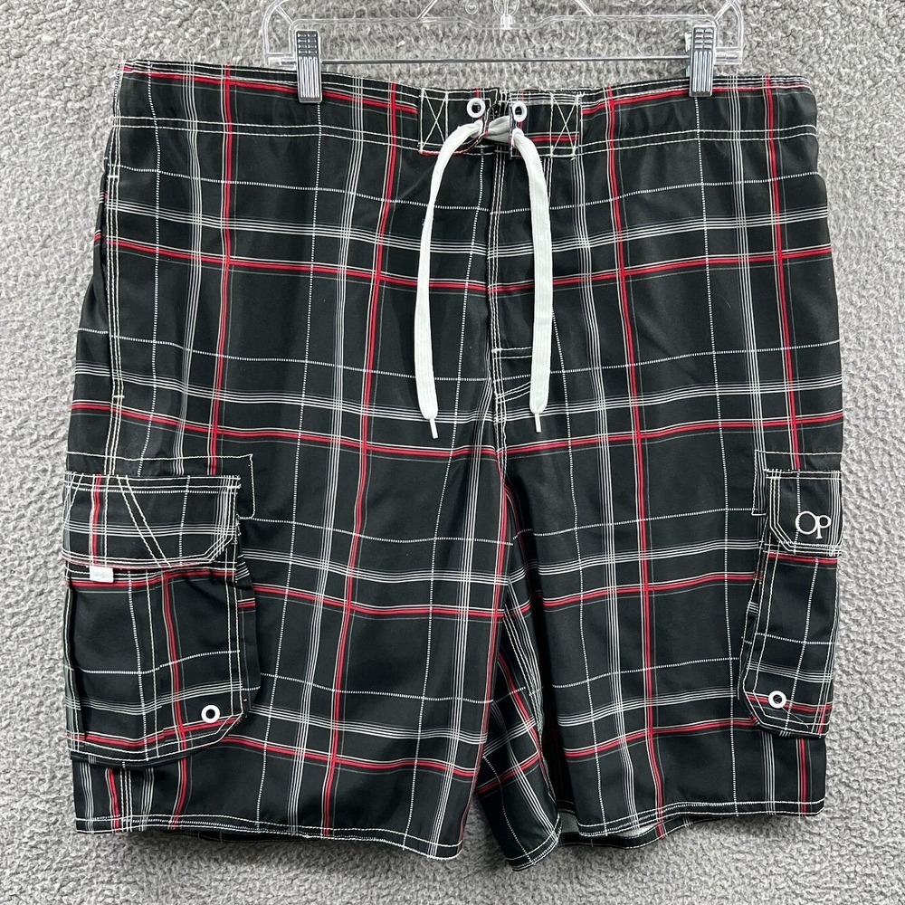 Ocean Pacific Men Board Shorts XL Plaid Coastal Nautical Cargo Swim Trunks Beach